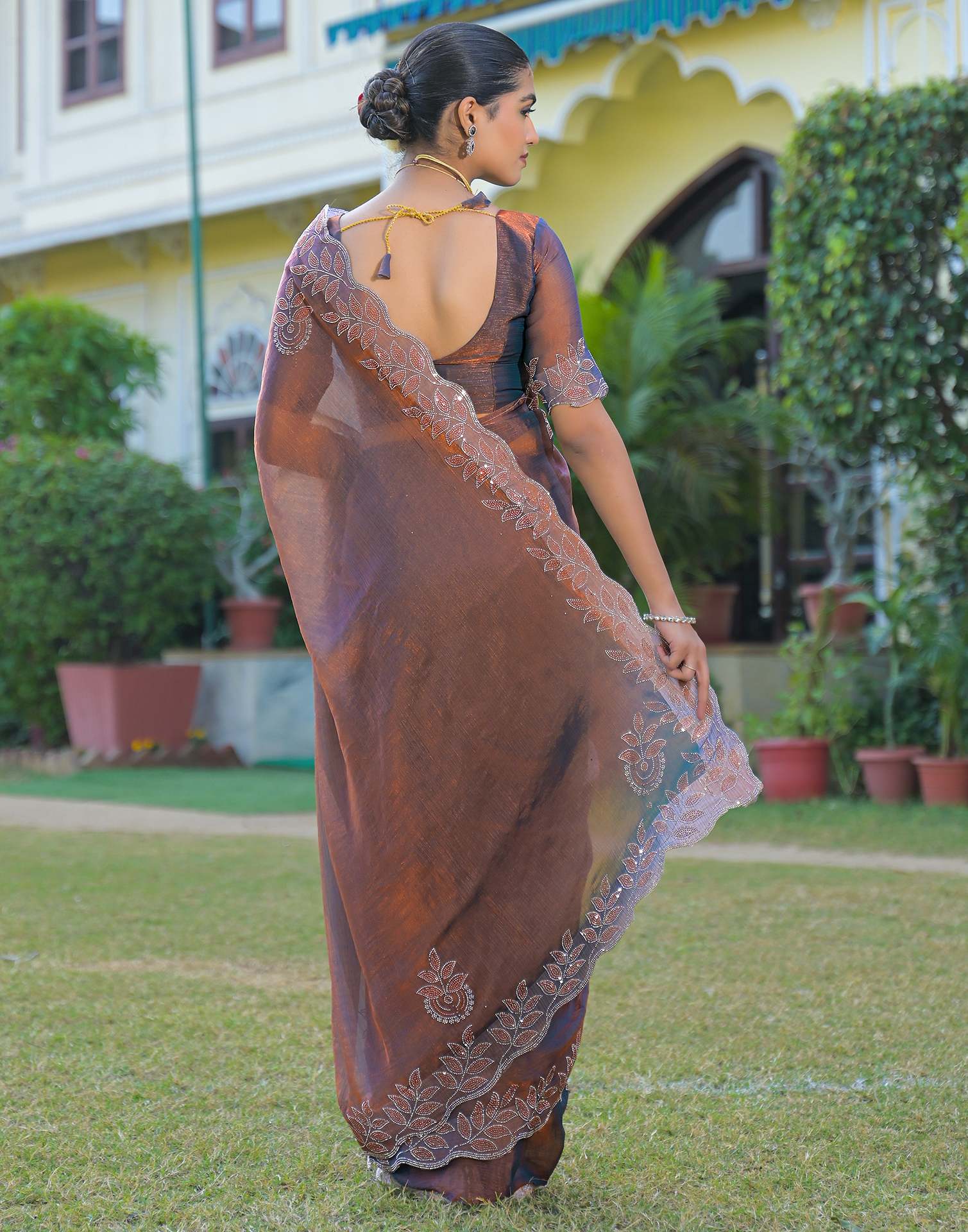 Brown Shimmer Chiffon Stone Work Swarovski saree - Image 6