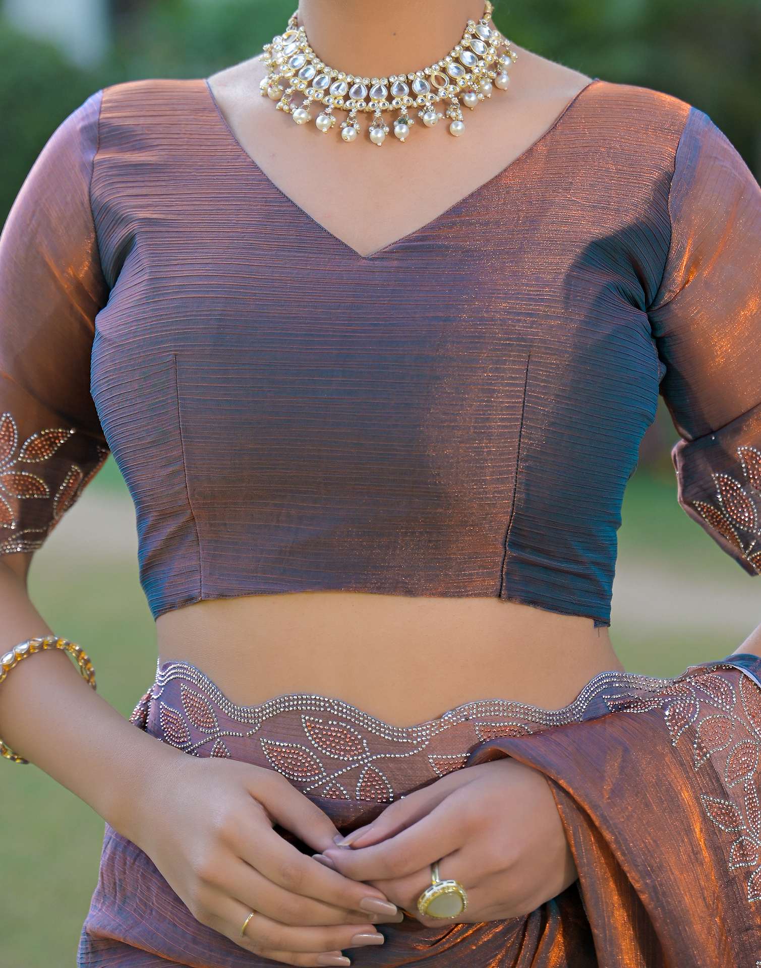 Brown Shimmer Chiffon Stone Work Swarovski saree - Image 8