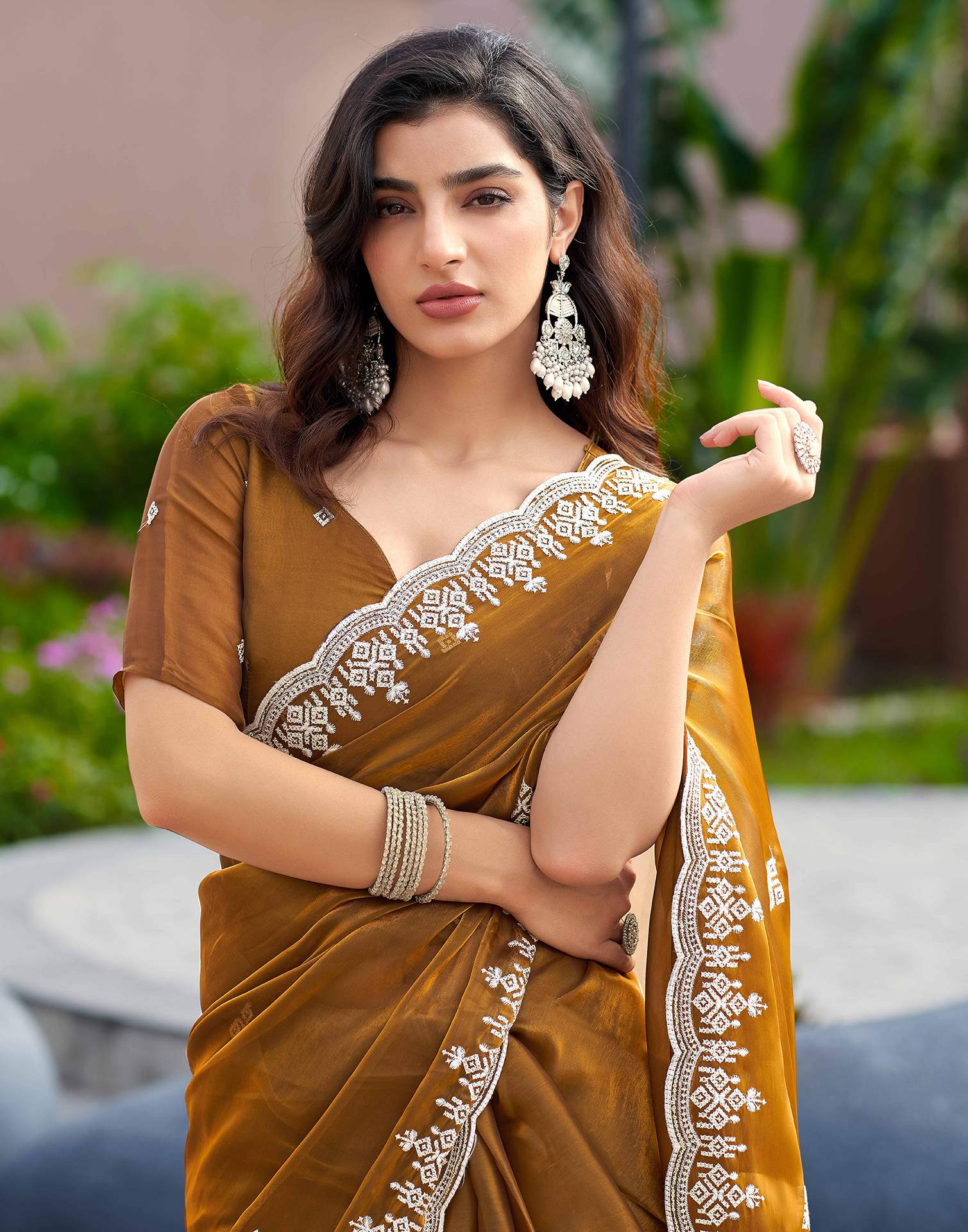 Brown Shimmer Sequence Embroidery Saree - Image 2