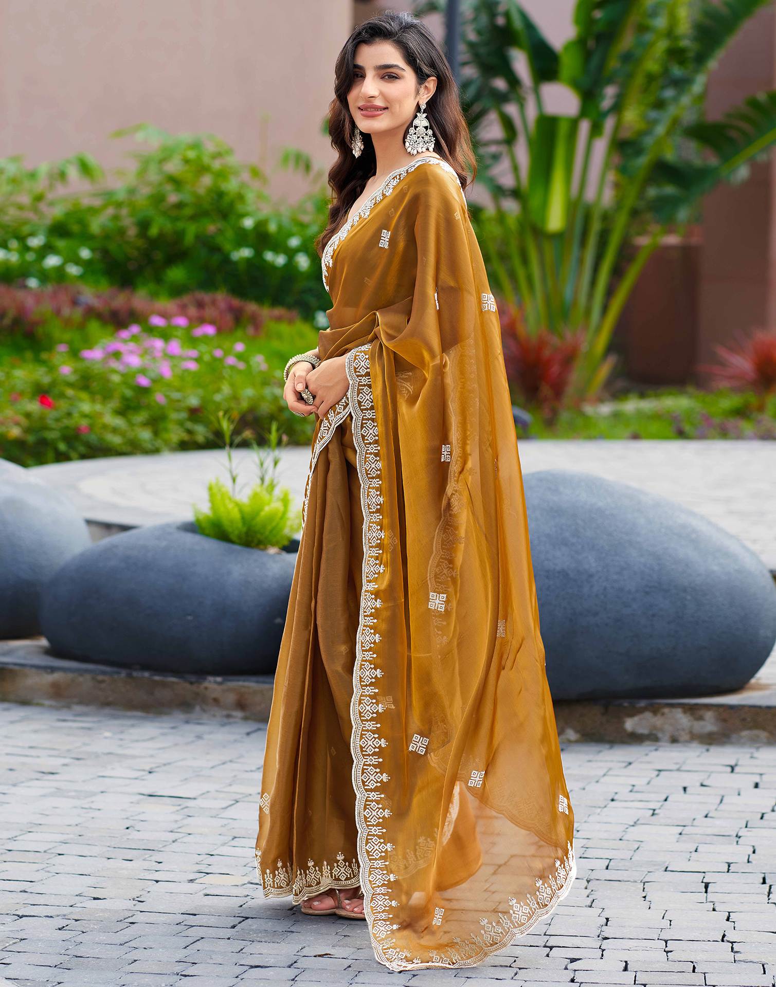 Brown Shimmer Sequence Embroidery Saree - Image 5