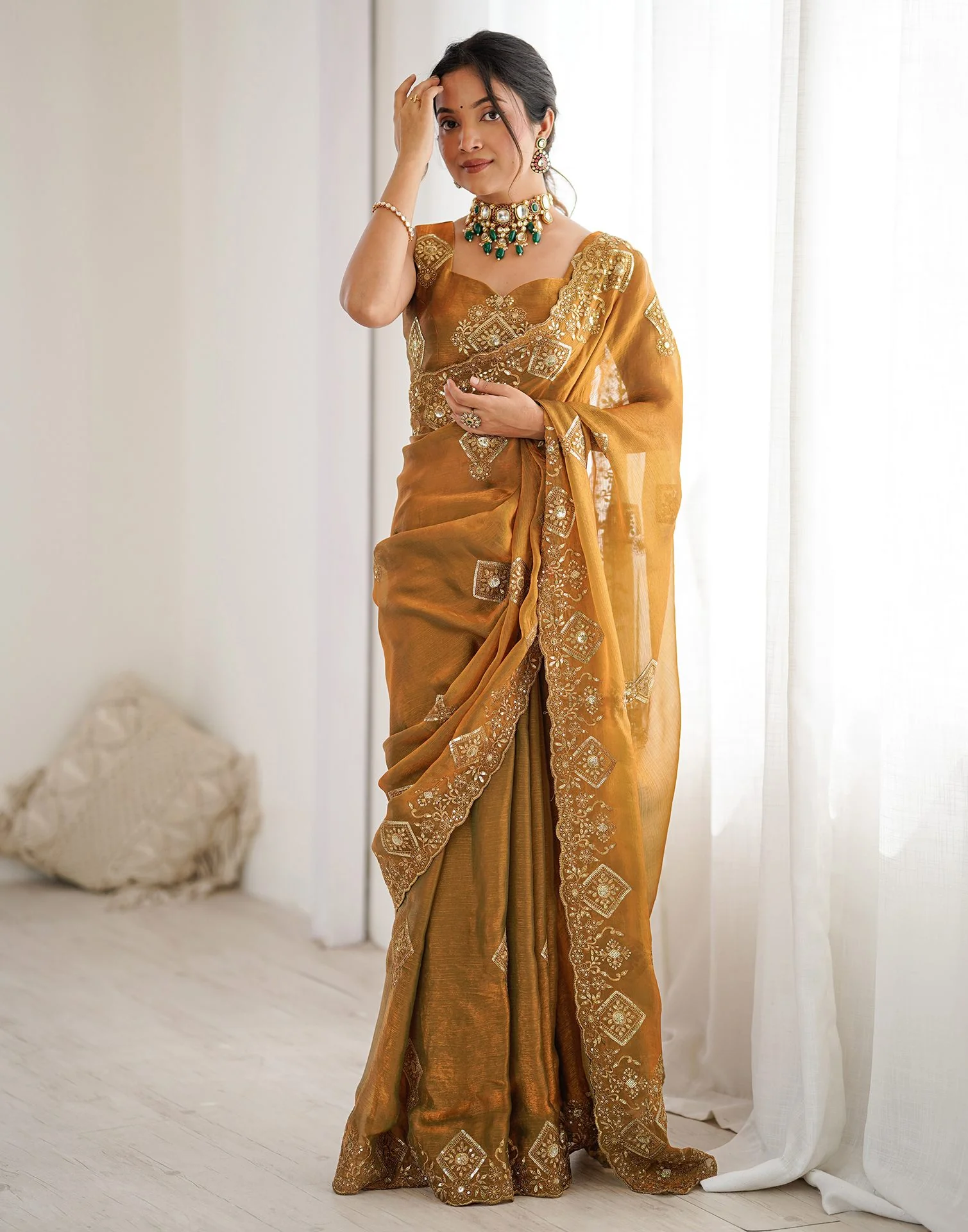 Brown Shimmer Sequence Embroidery Saree