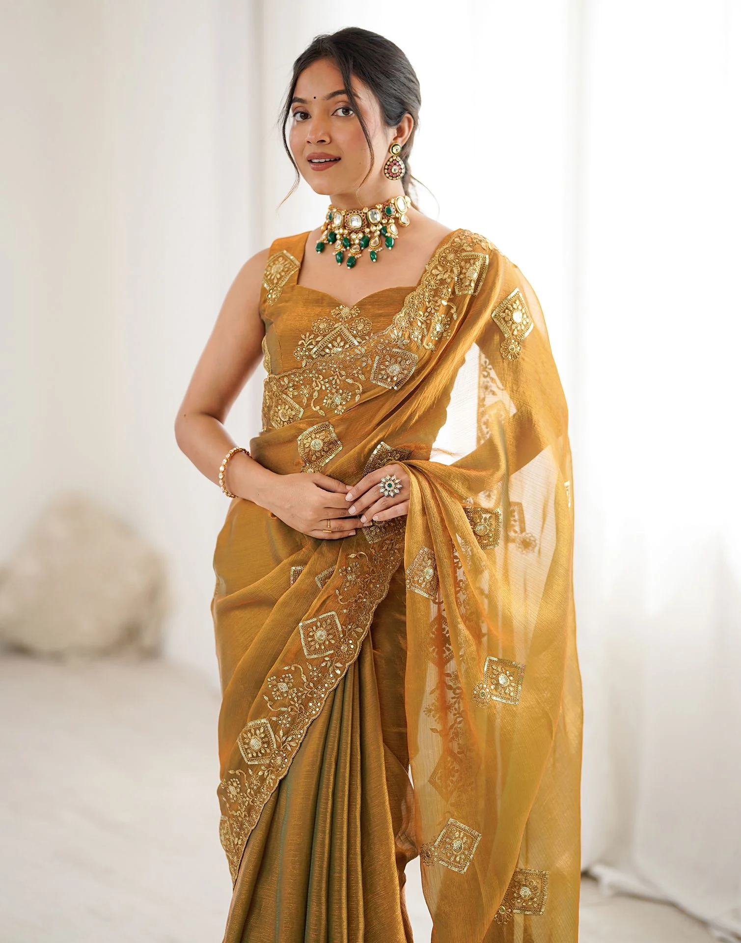 Brown Shimmer Sequence Embroidery Saree - Image 2