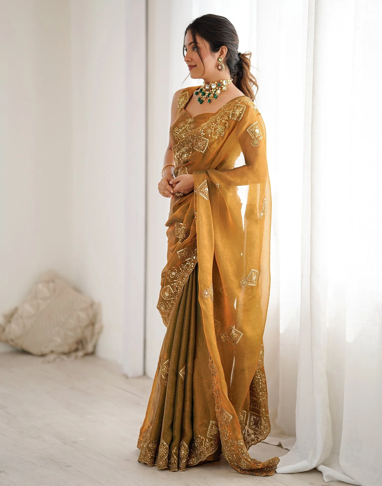 Brown Shimmer Sequence Embroidery Saree - Image 4