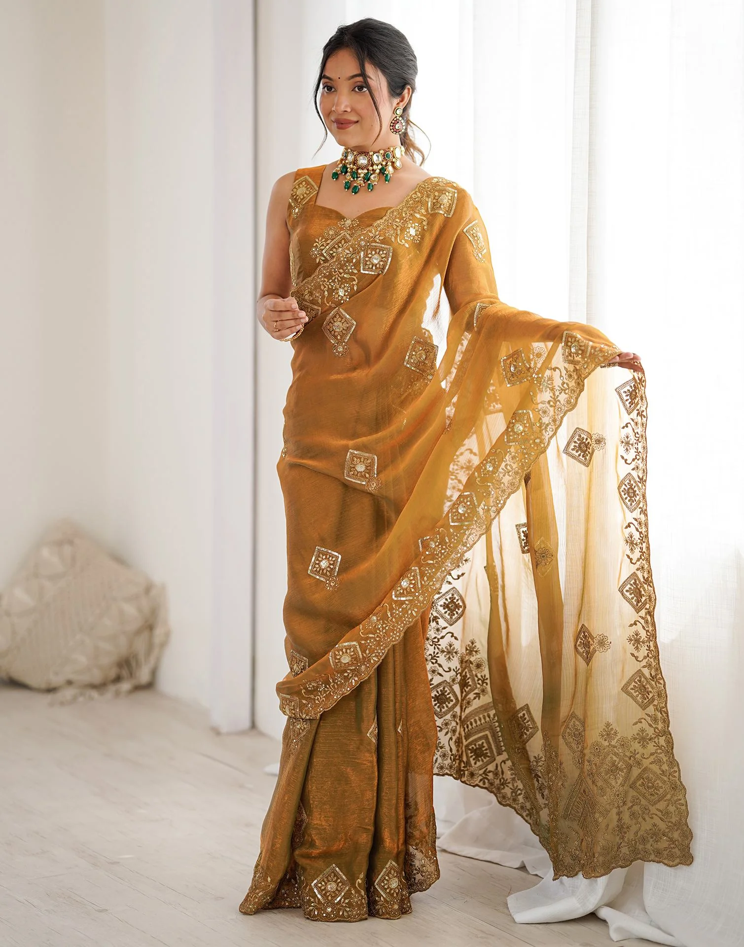 Brown Shimmer Sequence Embroidery Saree - Image 5