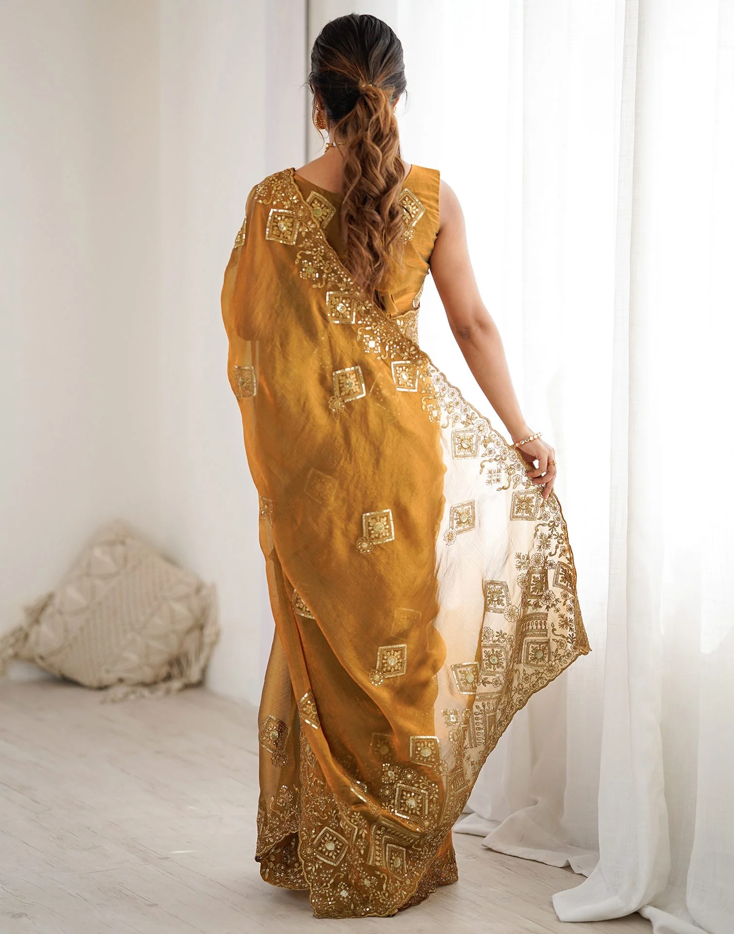 Brown Shimmer Sequence Embroidery Saree - Image 6