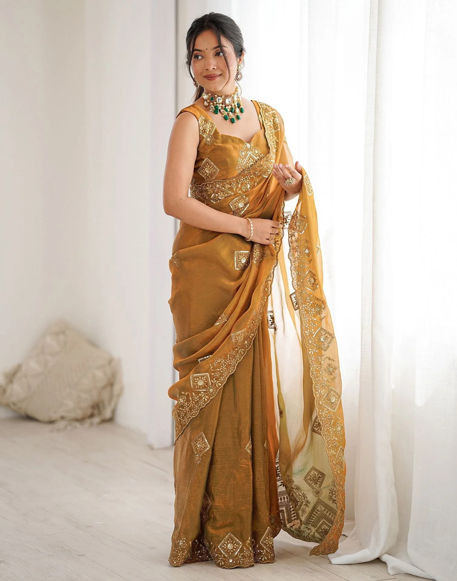 Brown Shimmer Sequence Embroidery Saree - Image 7