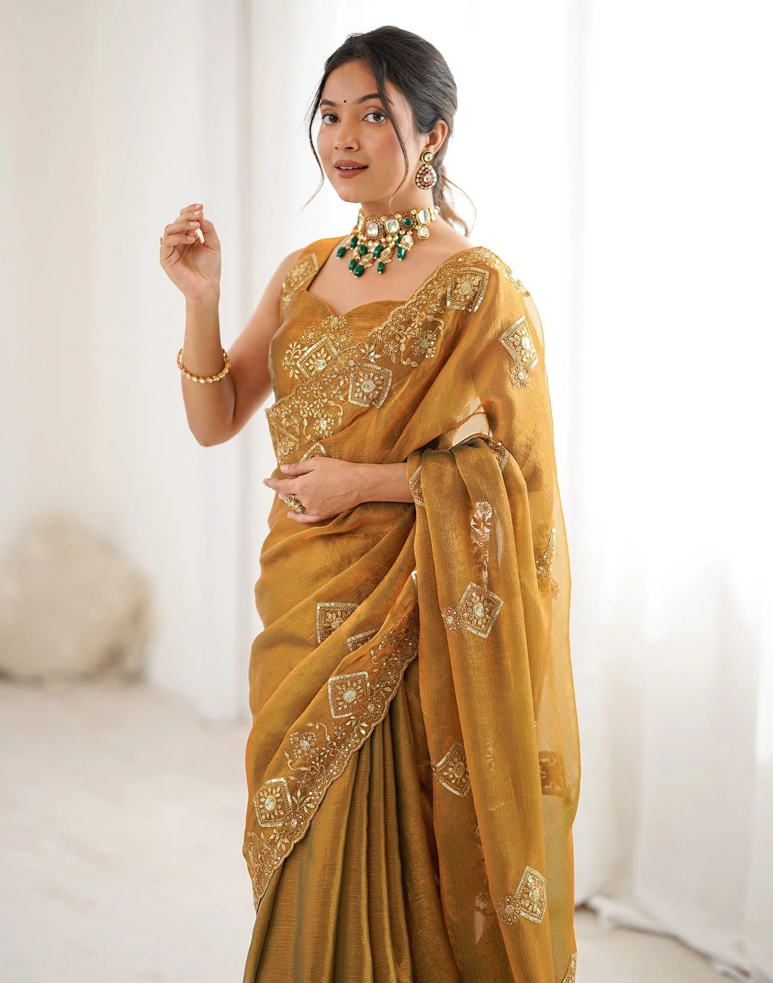Brown Shimmer Sequence Embroidery Saree - Image 8