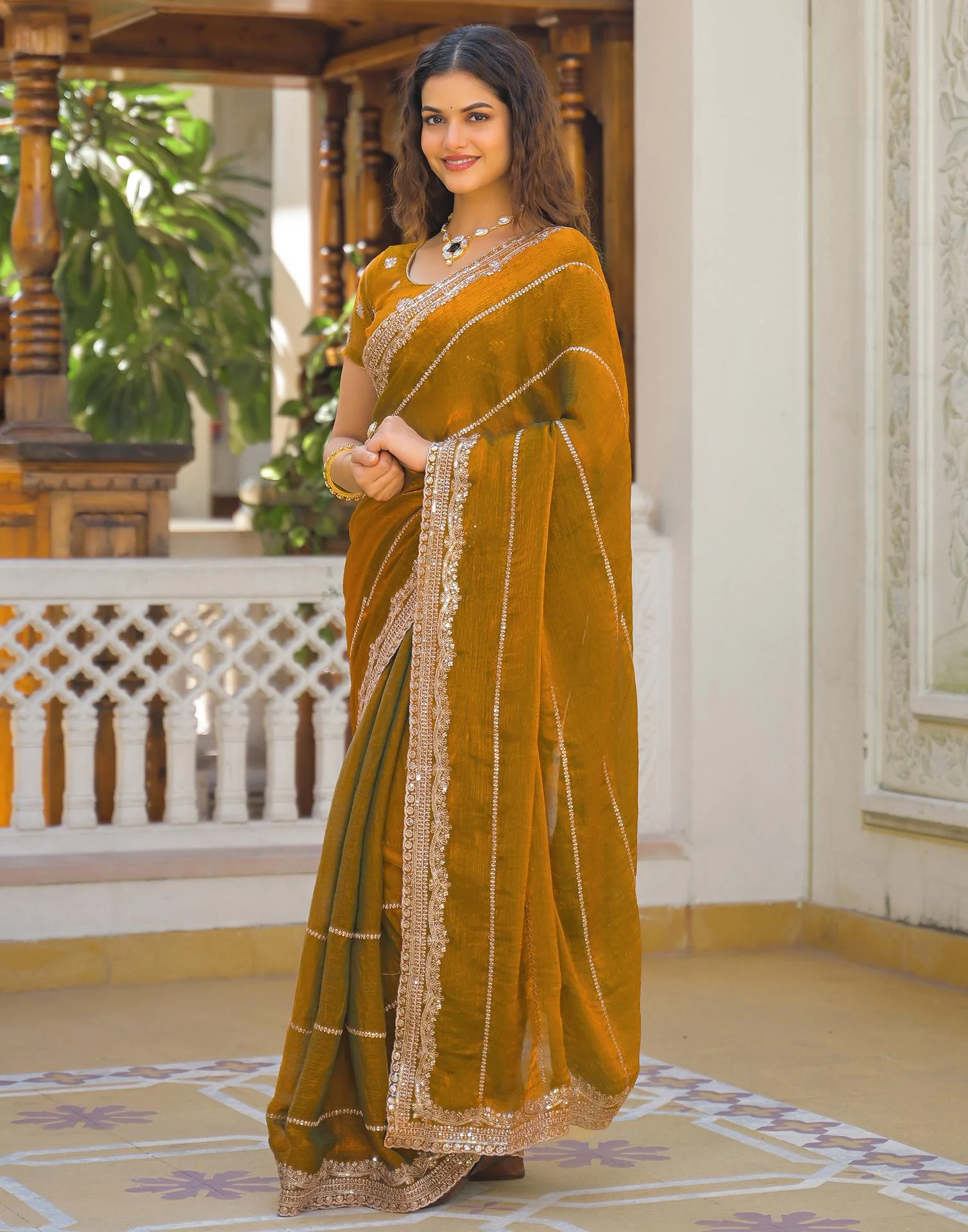 Brown Shimmer Sequence Embroidery Saree - Image 4