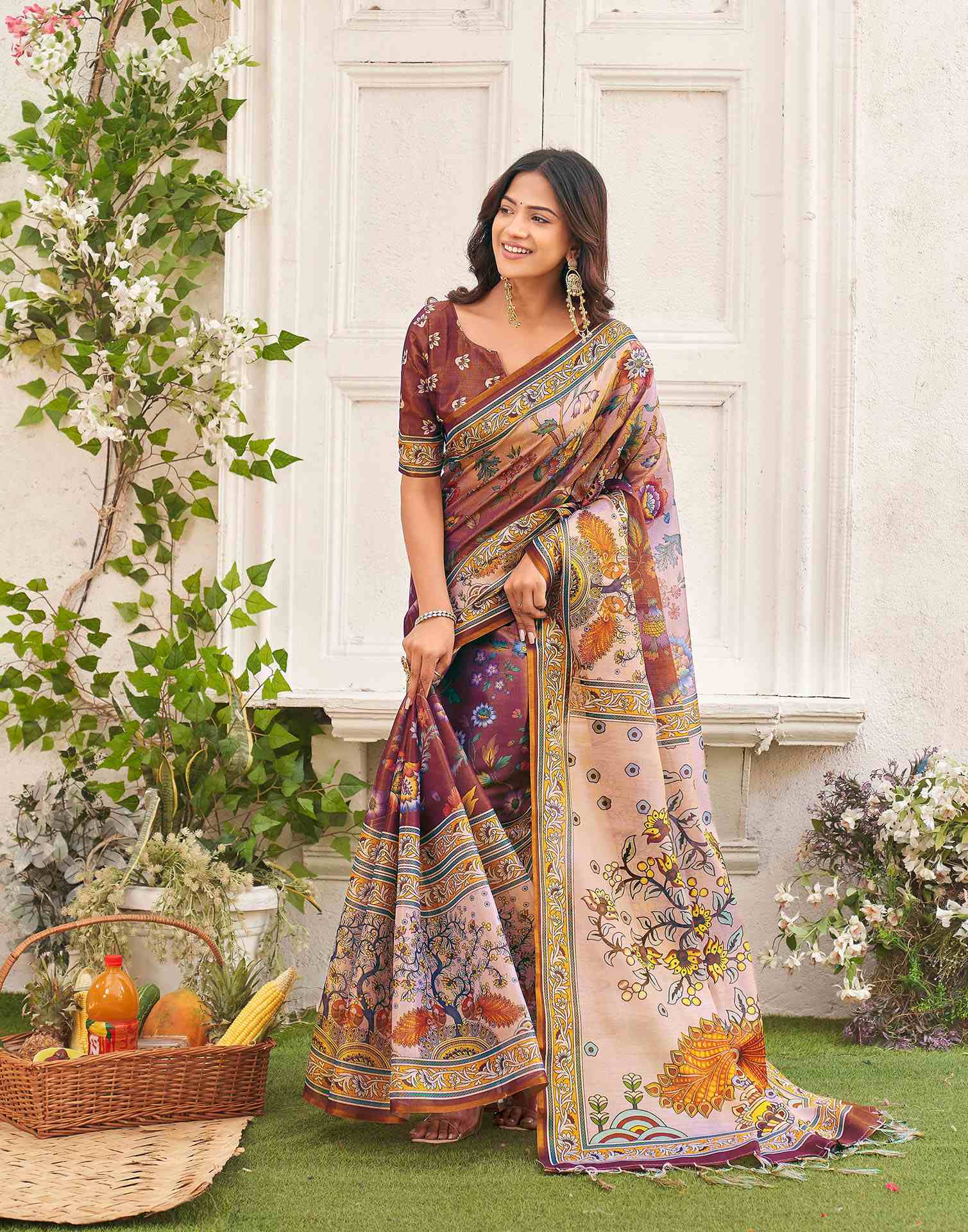 Brown Shimmer Silk Printed Kalamkari SareeĀ - Image 2
