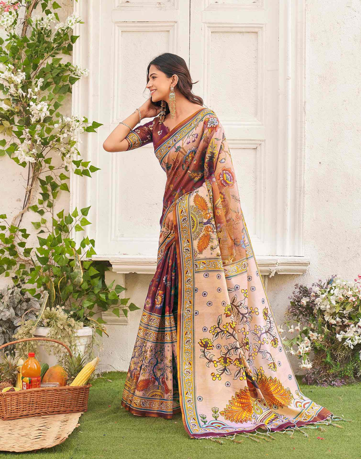 Brown Shimmer Silk Printed Kalamkari SareeĀ - Image 4