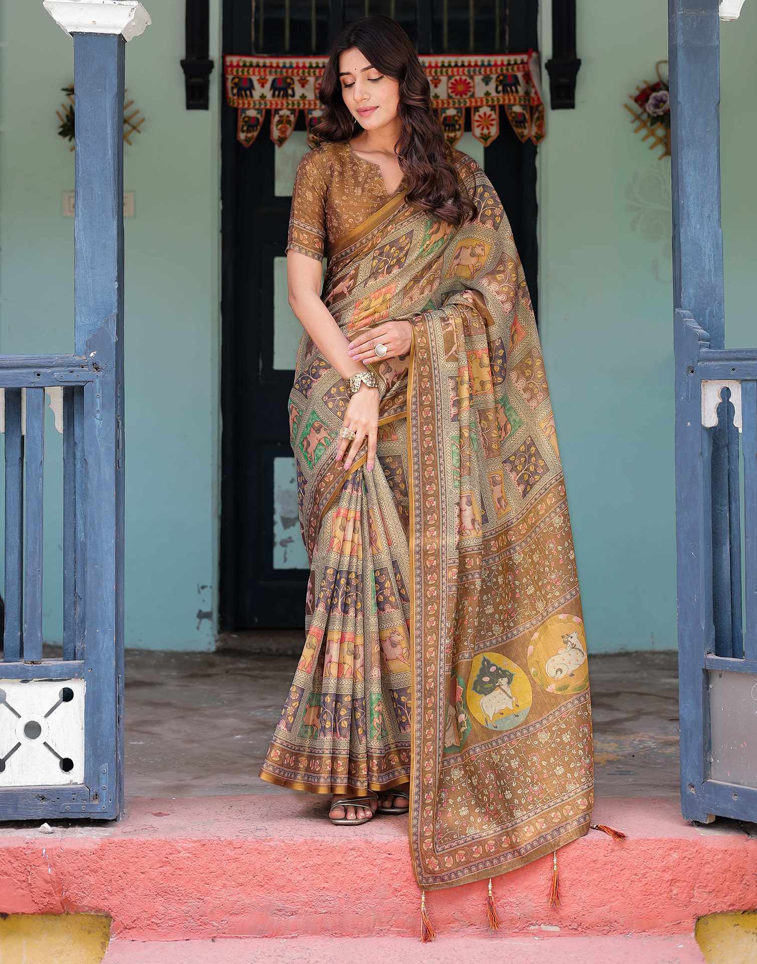 Brown Shimmer Silk Printed Saree - Image 6