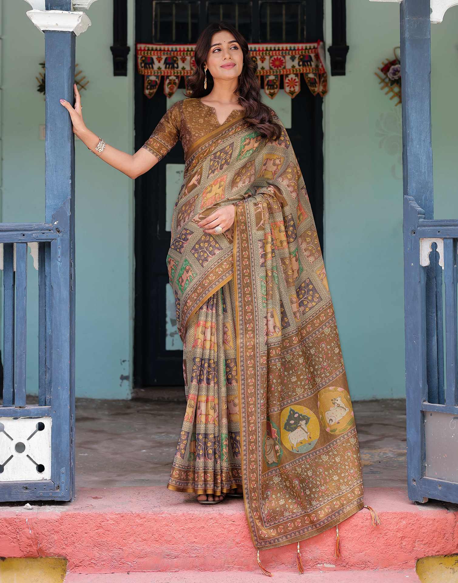 Brown Shimmer Silk Printed Saree - Image 9
