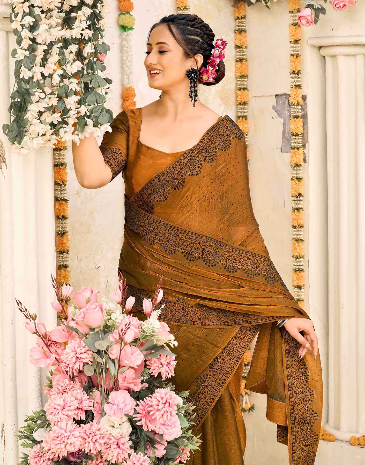 Brown Shimmer Stone Work Swarovski Saree - Image 2