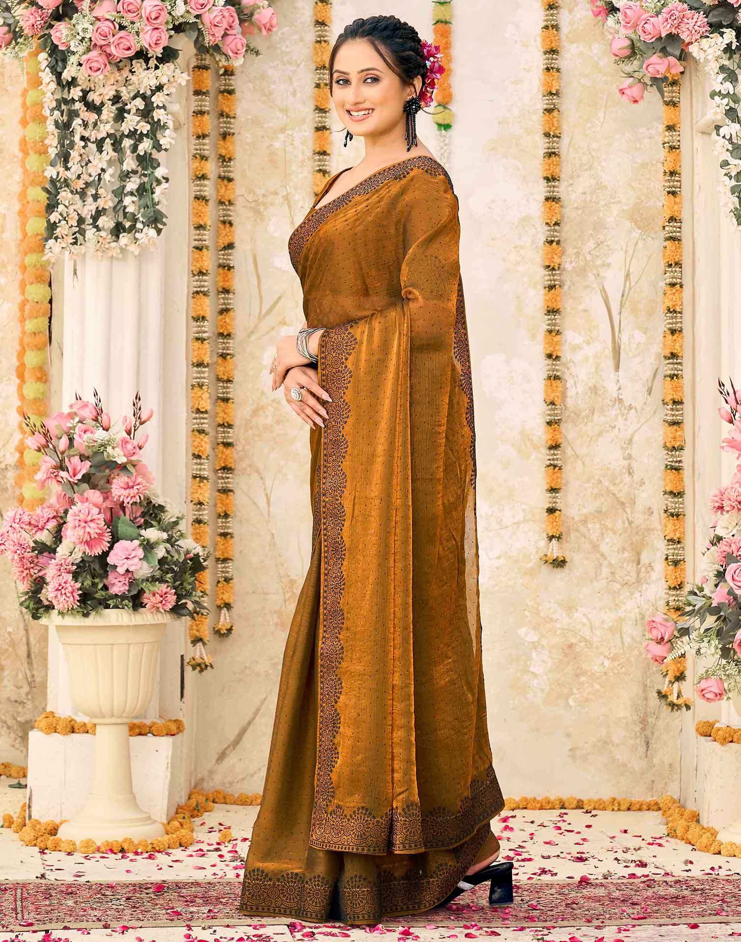 Brown Shimmer Stone Work Swarovski Saree - Image 4