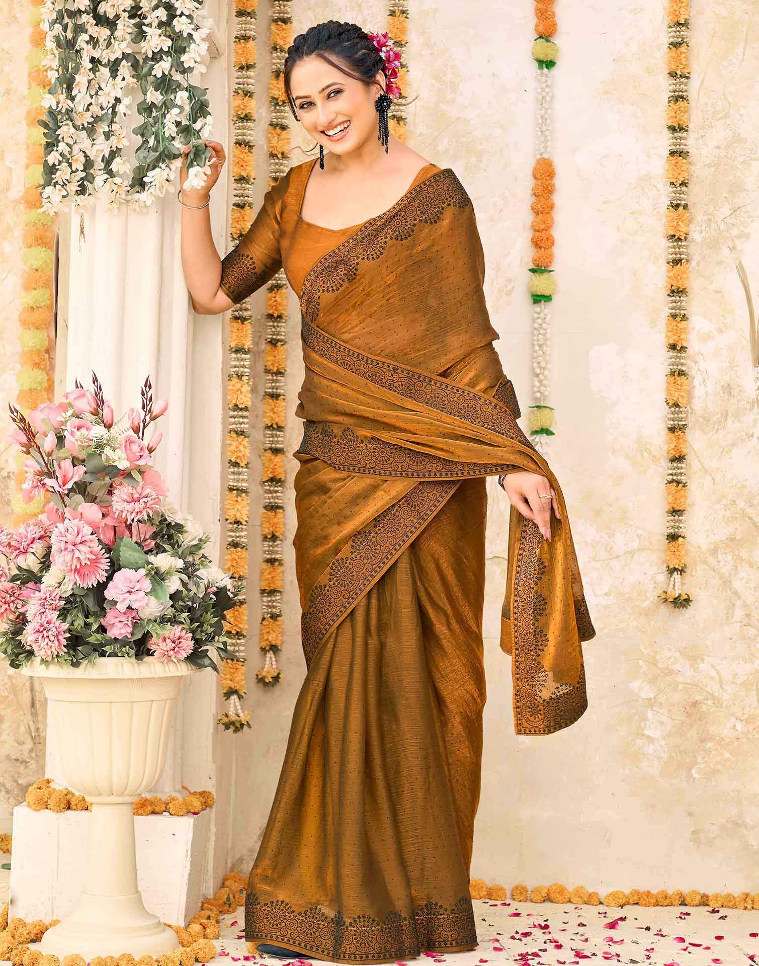 Brown Shimmer Stone Work Swarovski Saree - Image 5