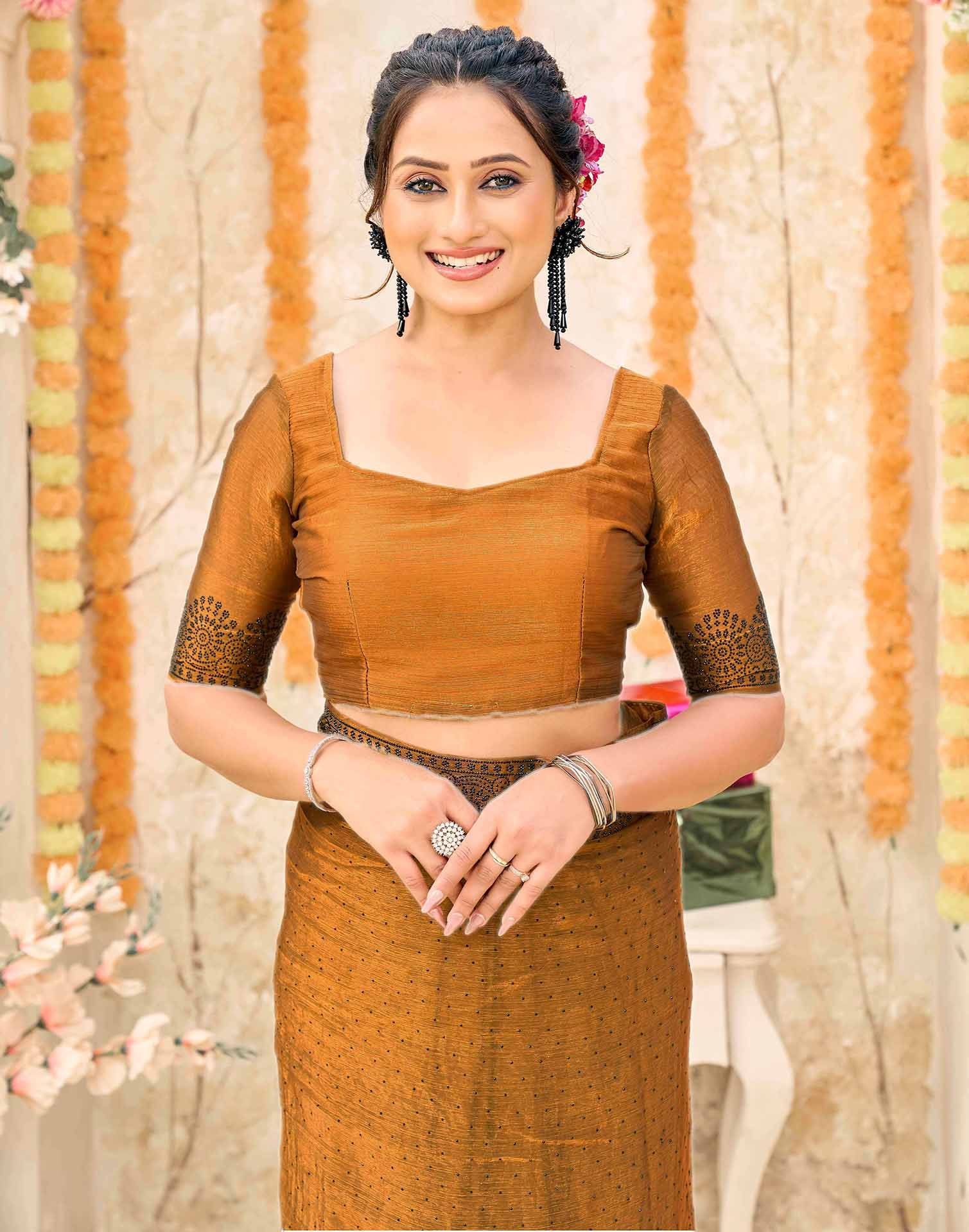Brown Shimmer Stone Work Swarovski Saree - Image 8