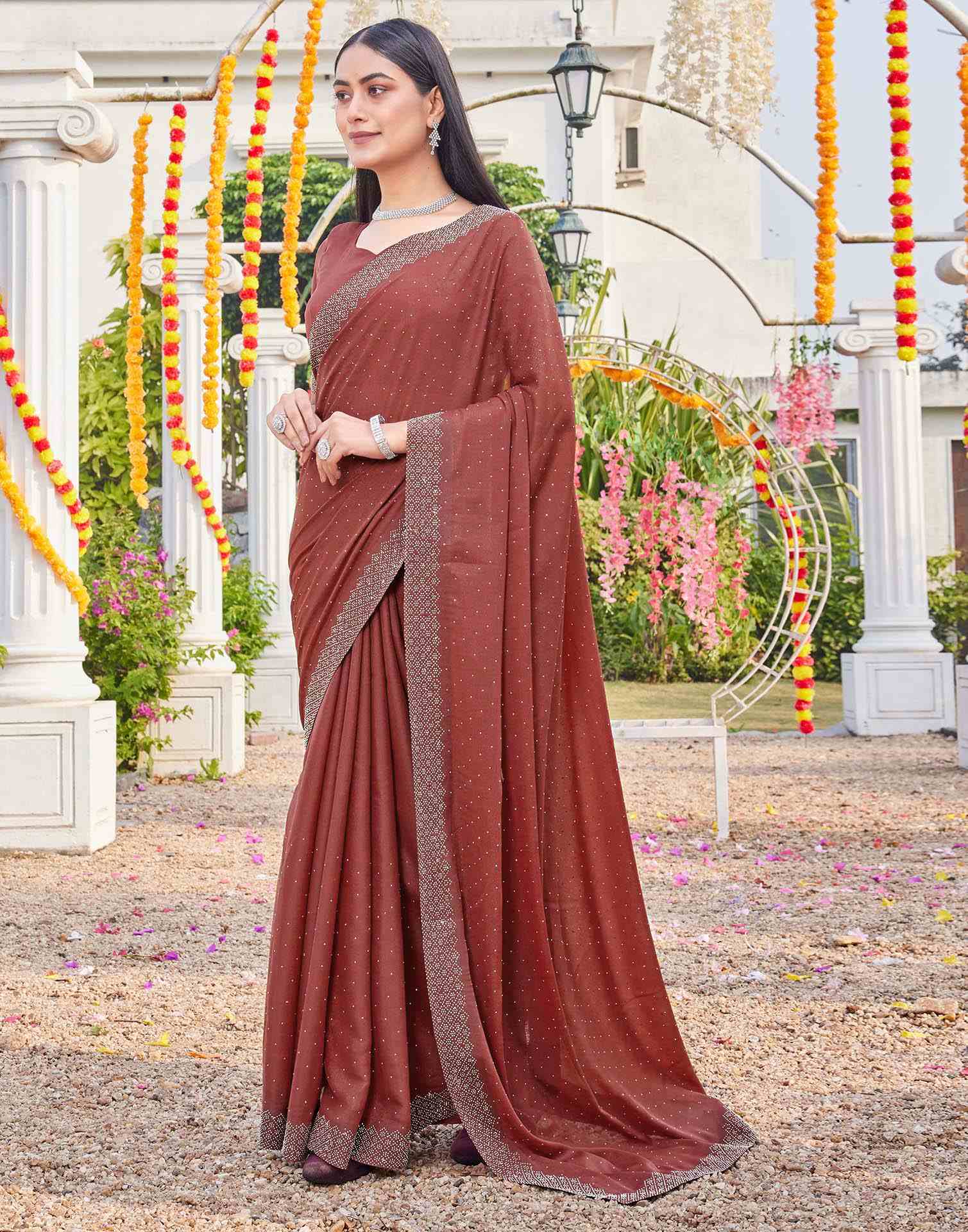 Brown Shimmer Stone Work Swarovski Saree - Image 4