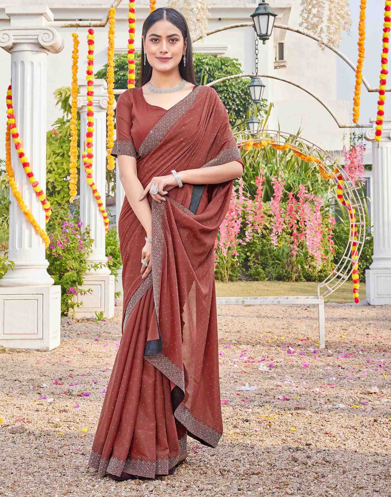 Brown Shimmer Stone Work Swarovski Saree - Image 5