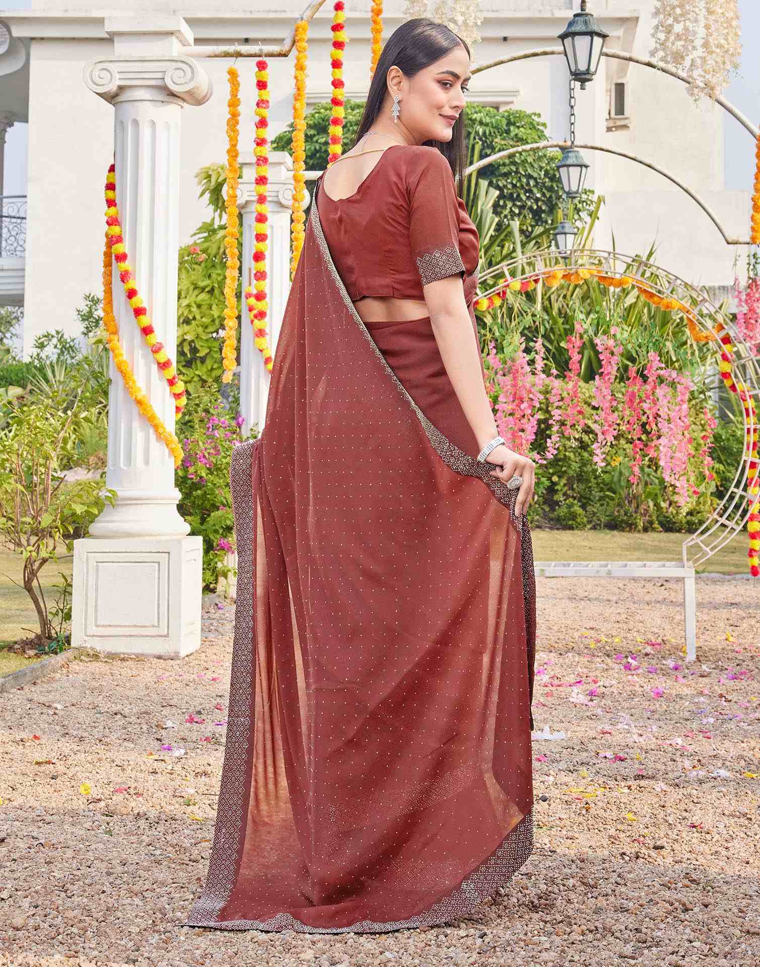 Brown Shimmer Stone Work Swarovski Saree - Image 6