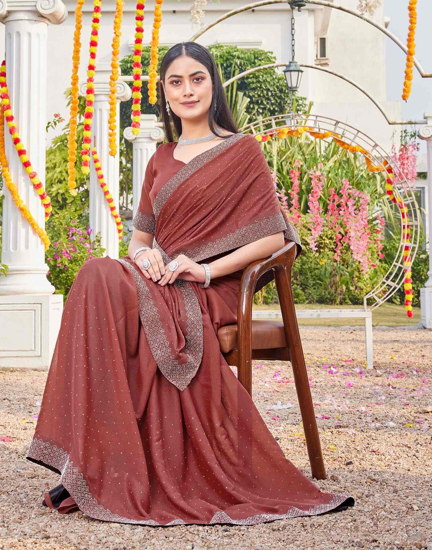 Brown Shimmer Stone Work Swarovski Saree - Image 7