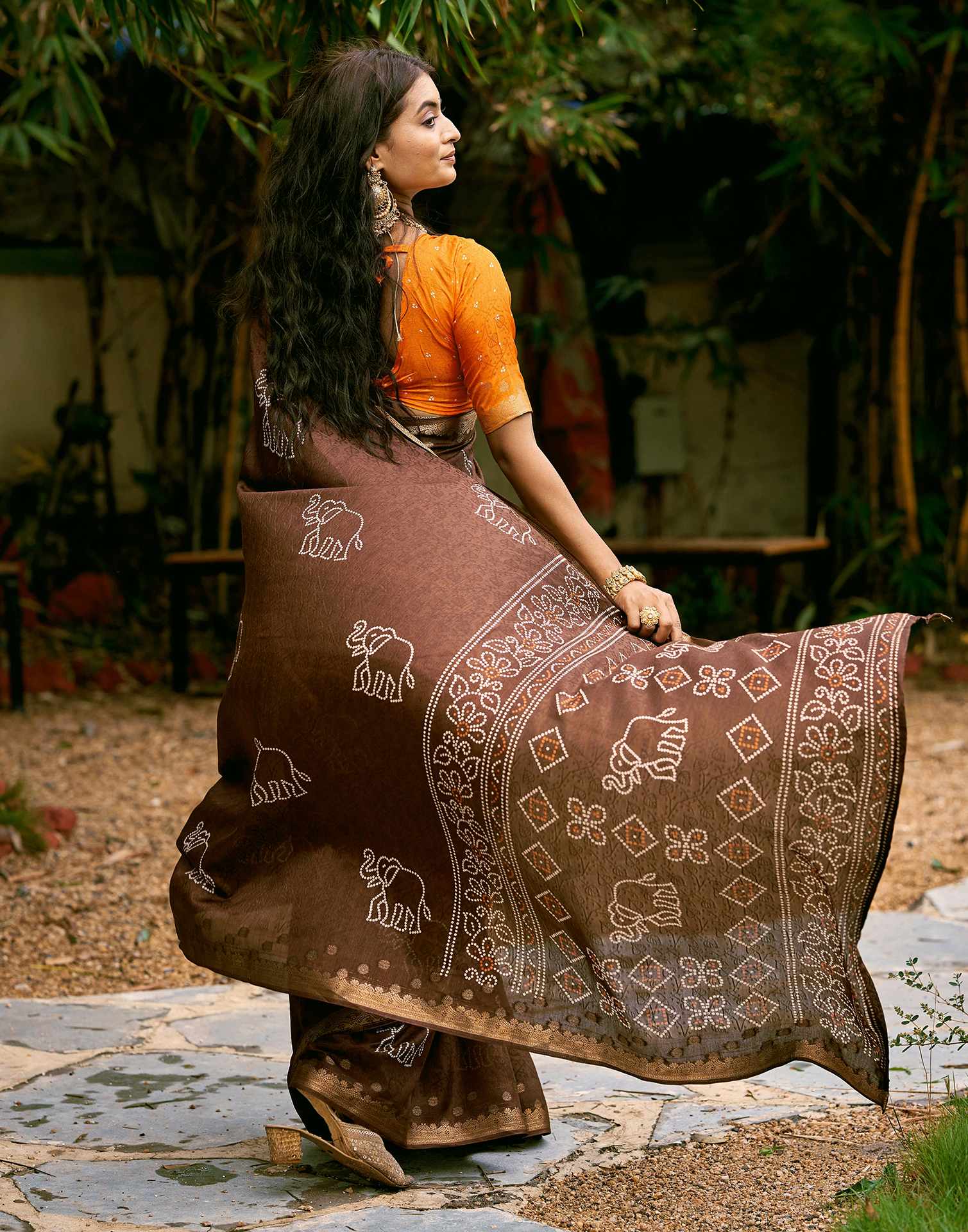 Brown Silk Bandhani Printed Saree - Image 6