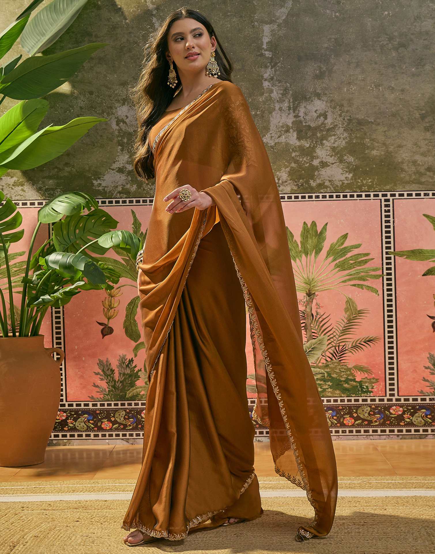 Brown Silk Embroidery Saree - Image 4