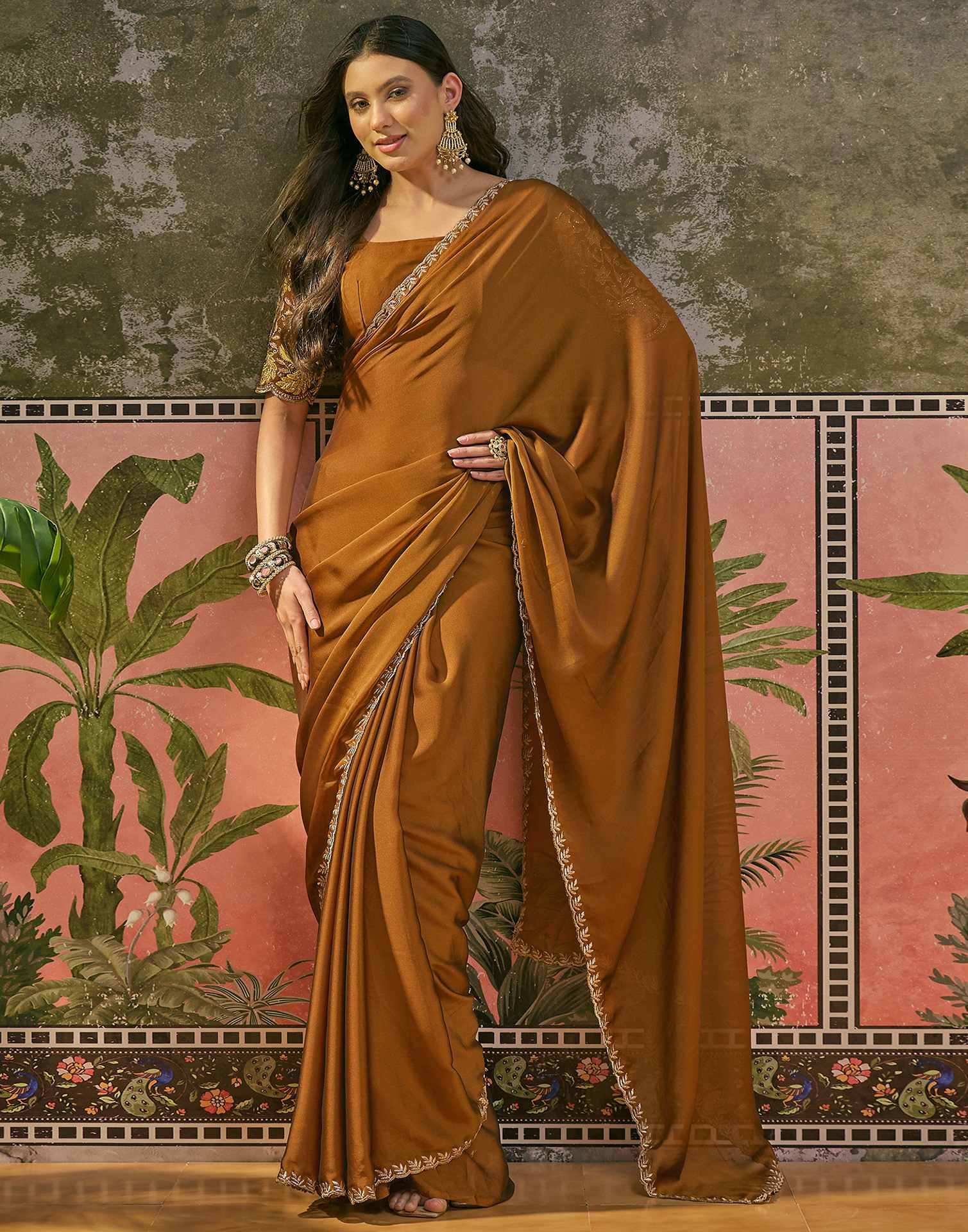 Brown Silk Embroidery Saree - Image 5