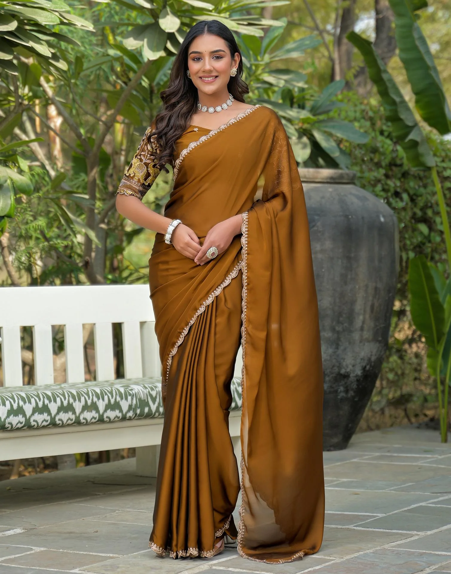 Brown Silk Embroidery Saree - Image 2