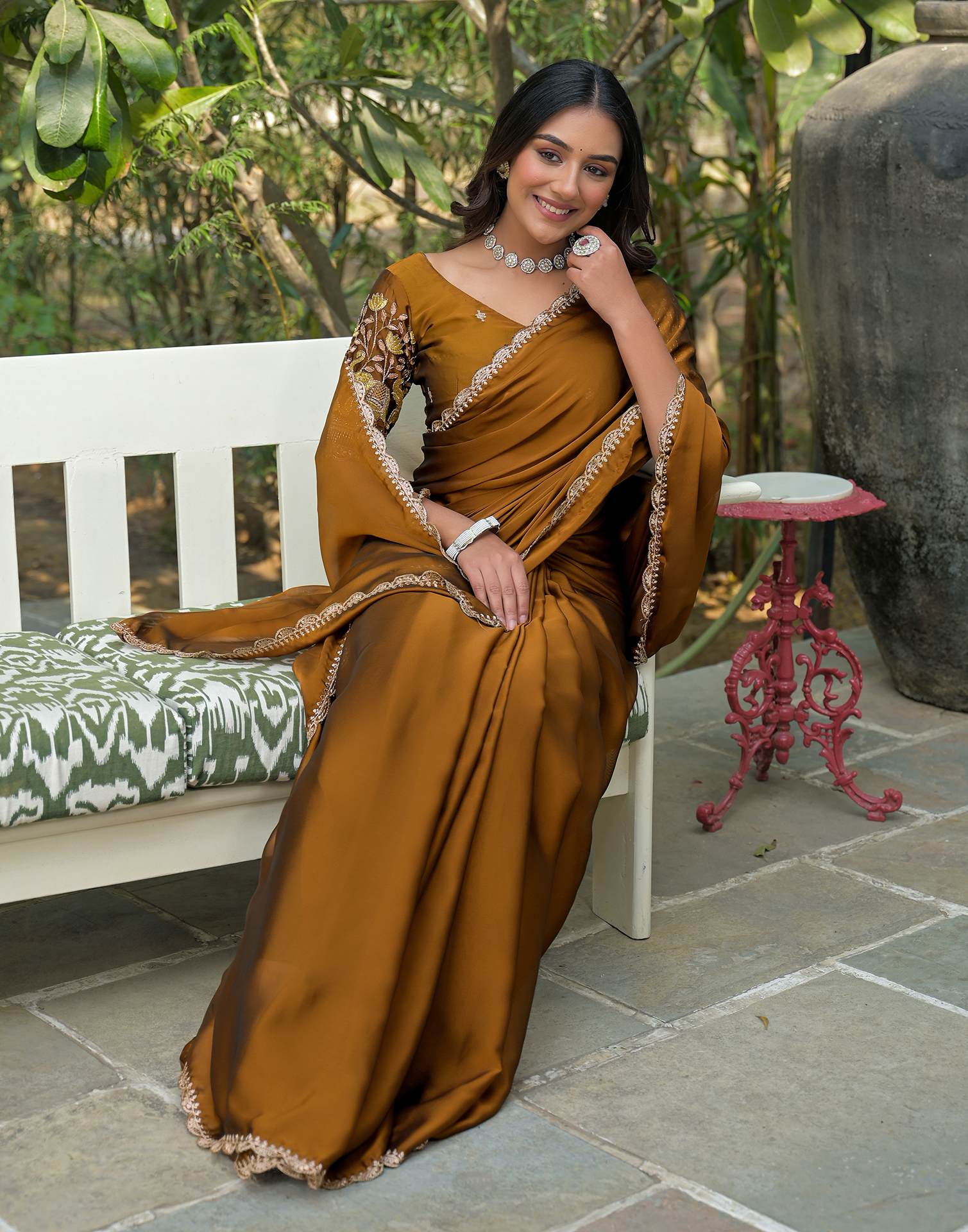 Brown Silk Embroidery Saree - Image 7