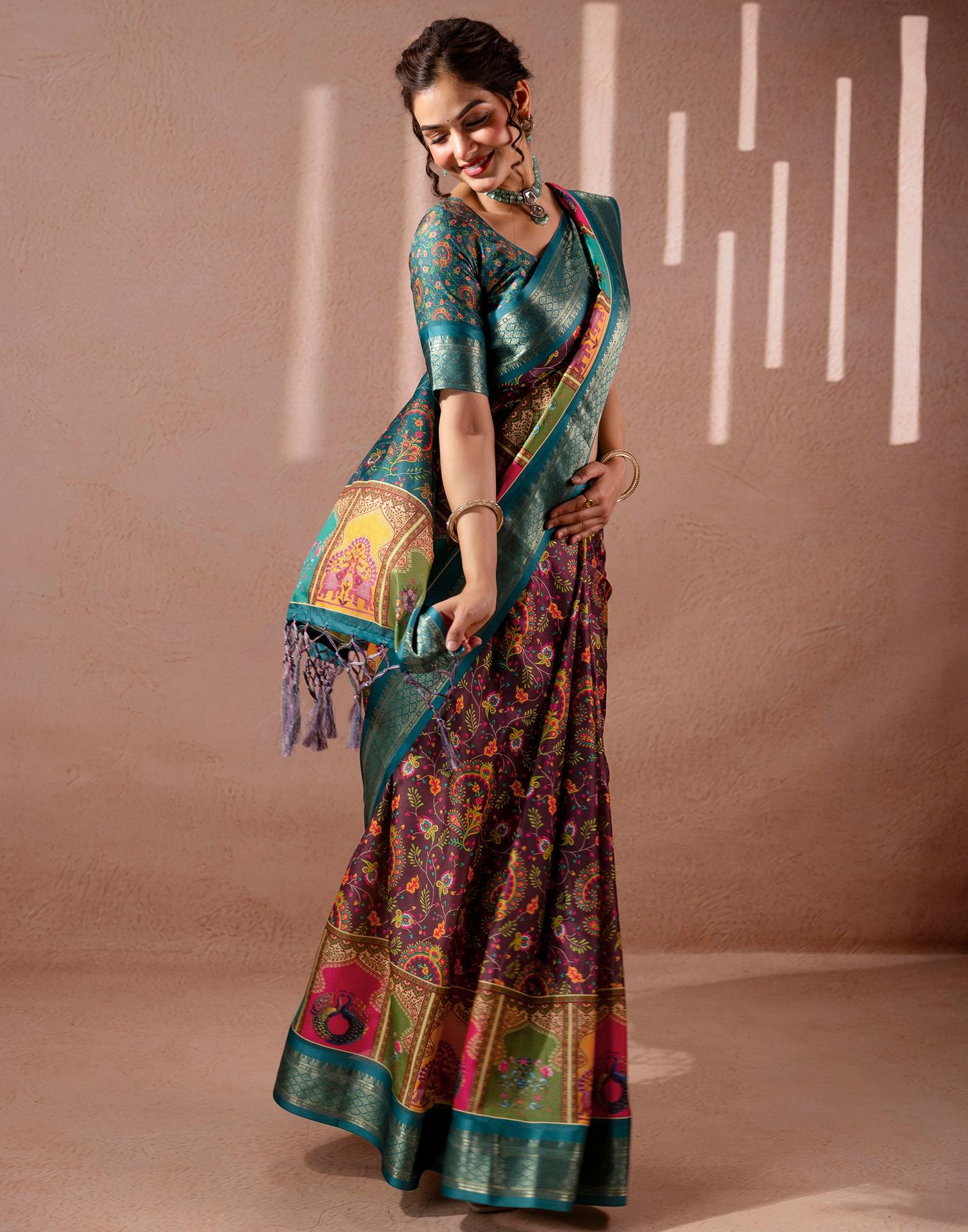 Brown Silk Kalamkari Printed Woven Border Saree - Image 11