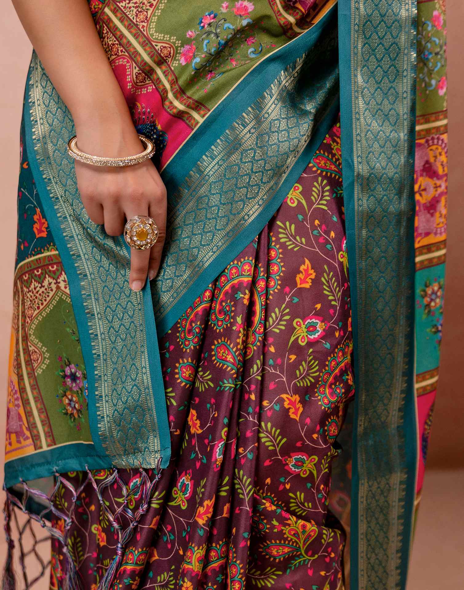 Brown Silk Kalamkari Printed Woven Border Saree - Image 12