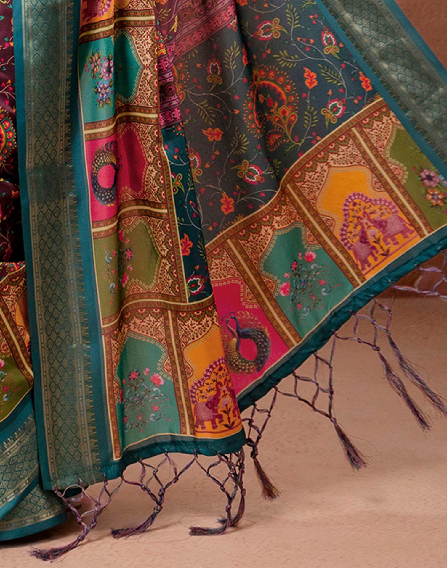 Brown Silk Kalamkari Printed Woven Border Saree - Image 13
