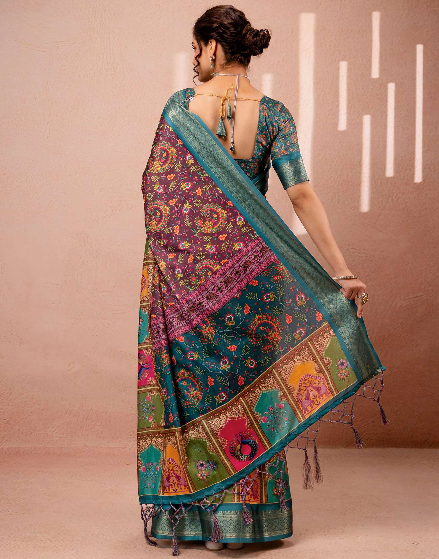 Brown Silk Kalamkari Printed Woven Border Saree - Image 5