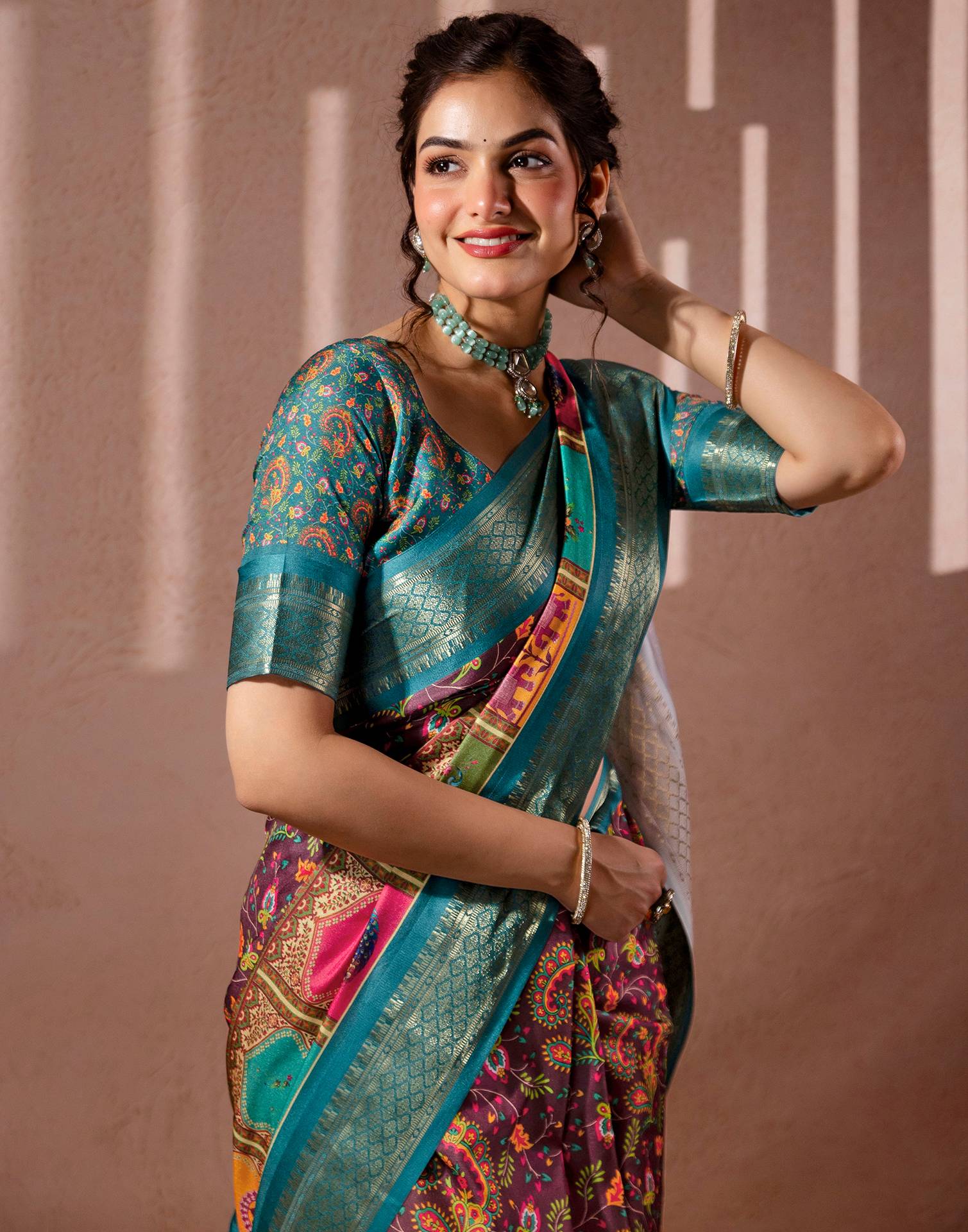 Brown Silk Kalamkari Printed Woven Border Saree - Image 7
