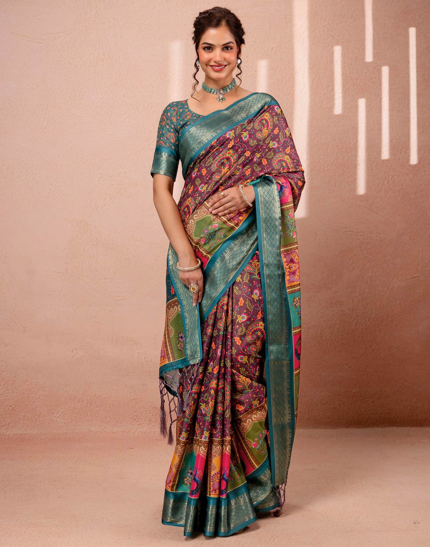 Brown Silk Kalamkari Printed Woven Border Saree - Image 8