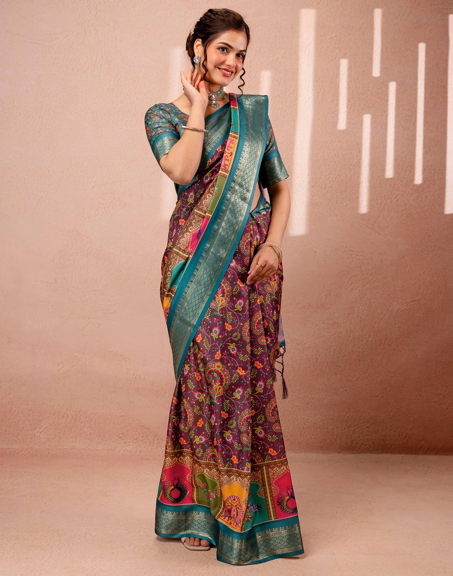 Brown Silk Kalamkari Printed Woven Border Saree - Image 9