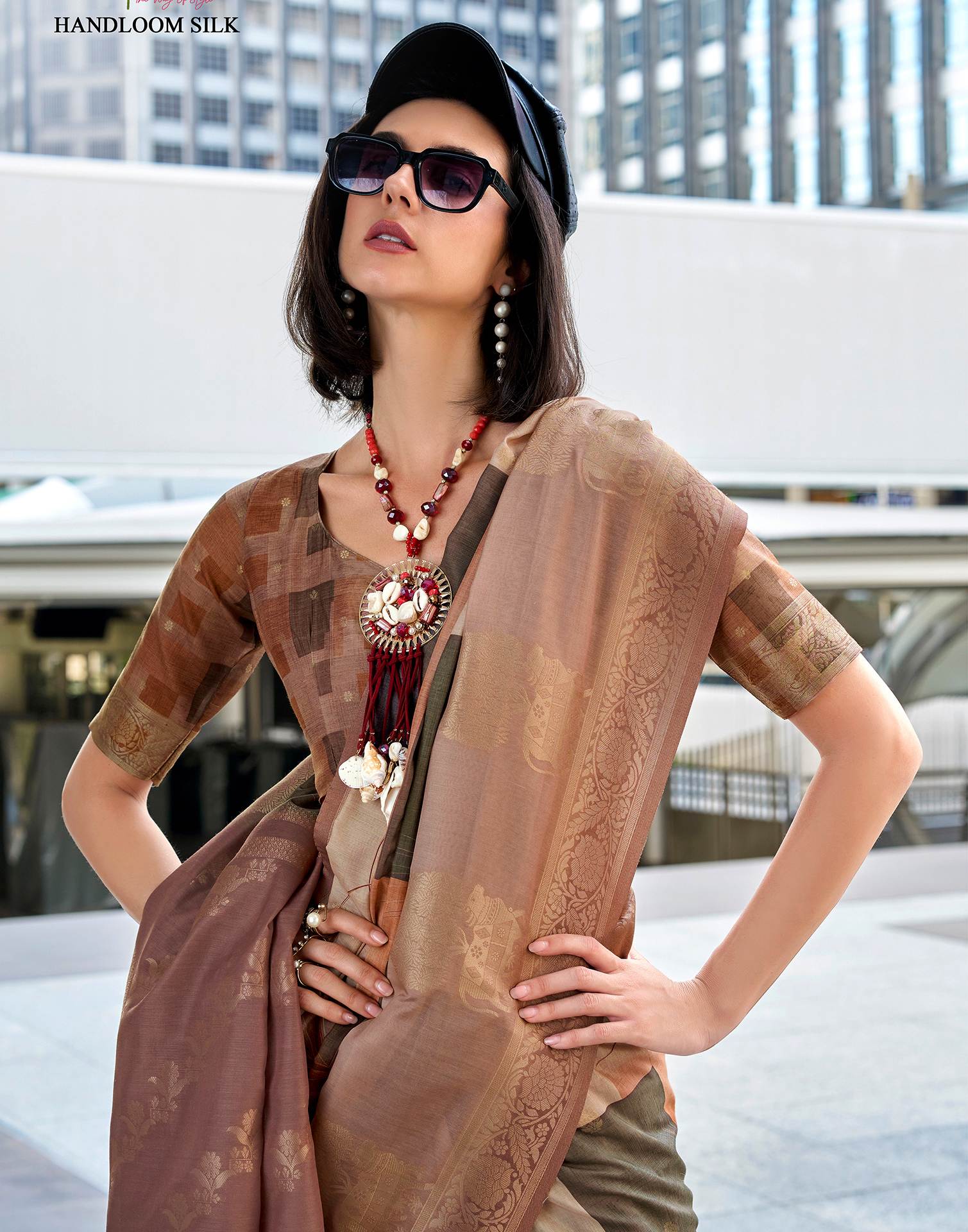 Brown Silk Printed Woven Saree - Image 2
