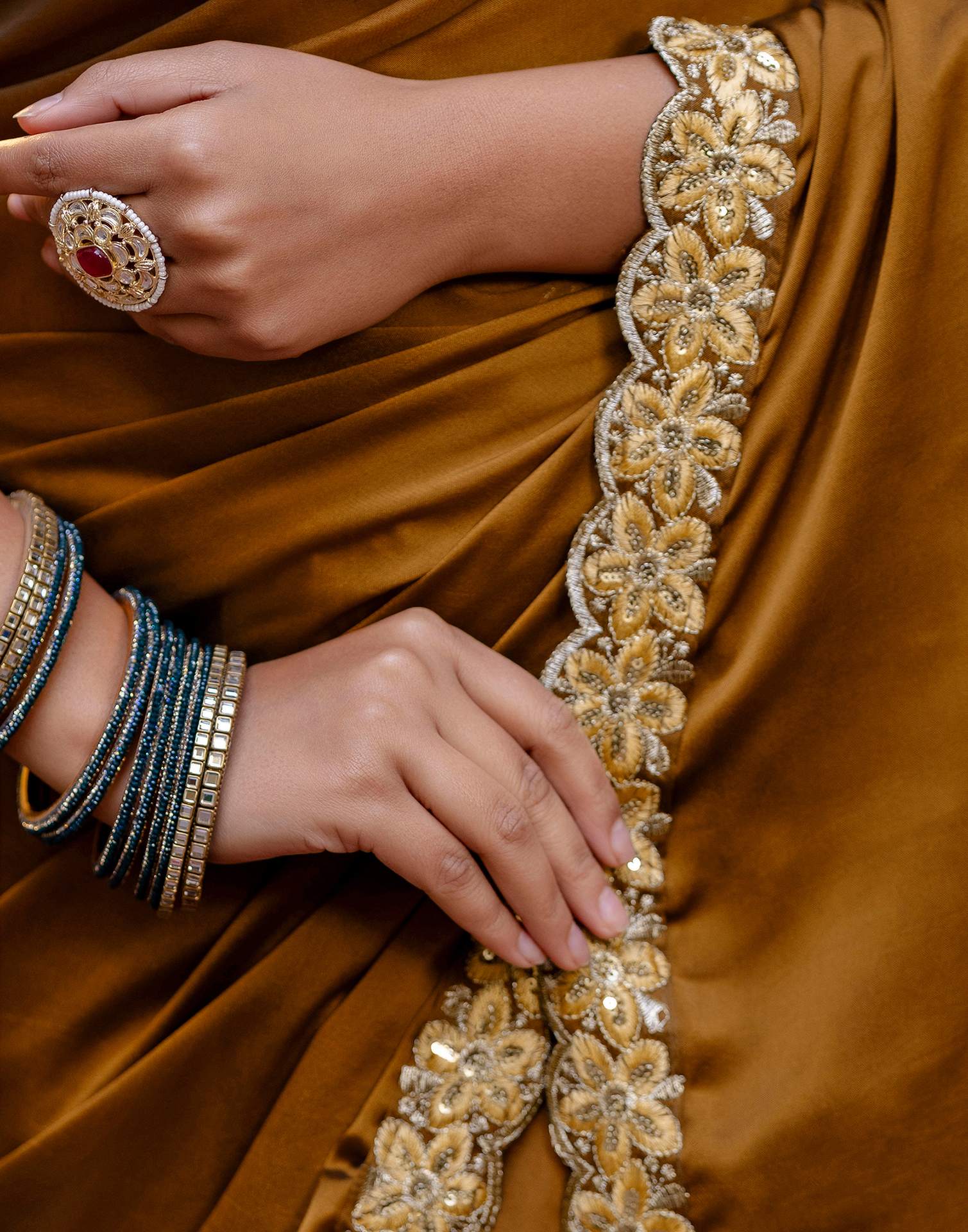 Brown Silk Sequence Embroidery Lace Saree - Image 13