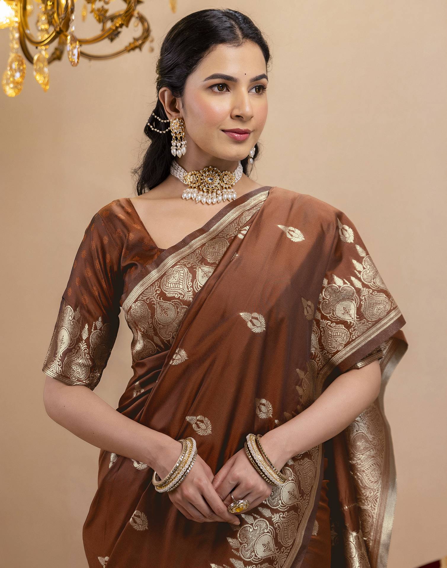 Brown Silk Woven Banarasi Saree - Image 2