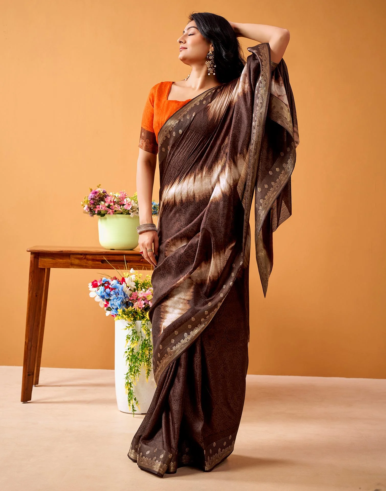 Brown Silk Woven Printed Saree - Image 4
