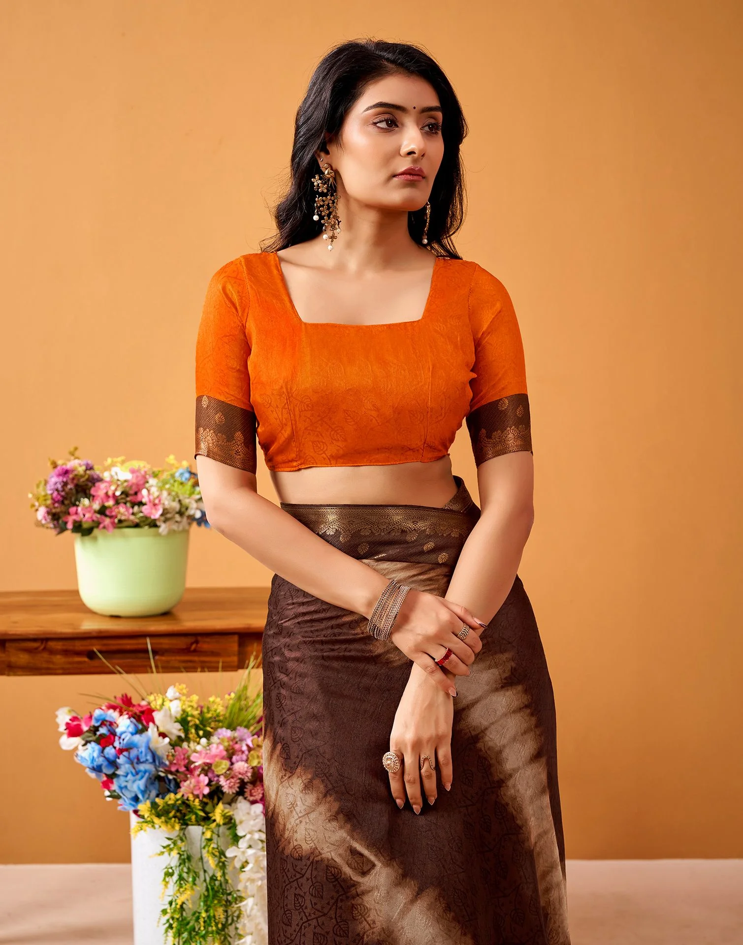 Brown Silk Woven Printed Saree - Image 7
