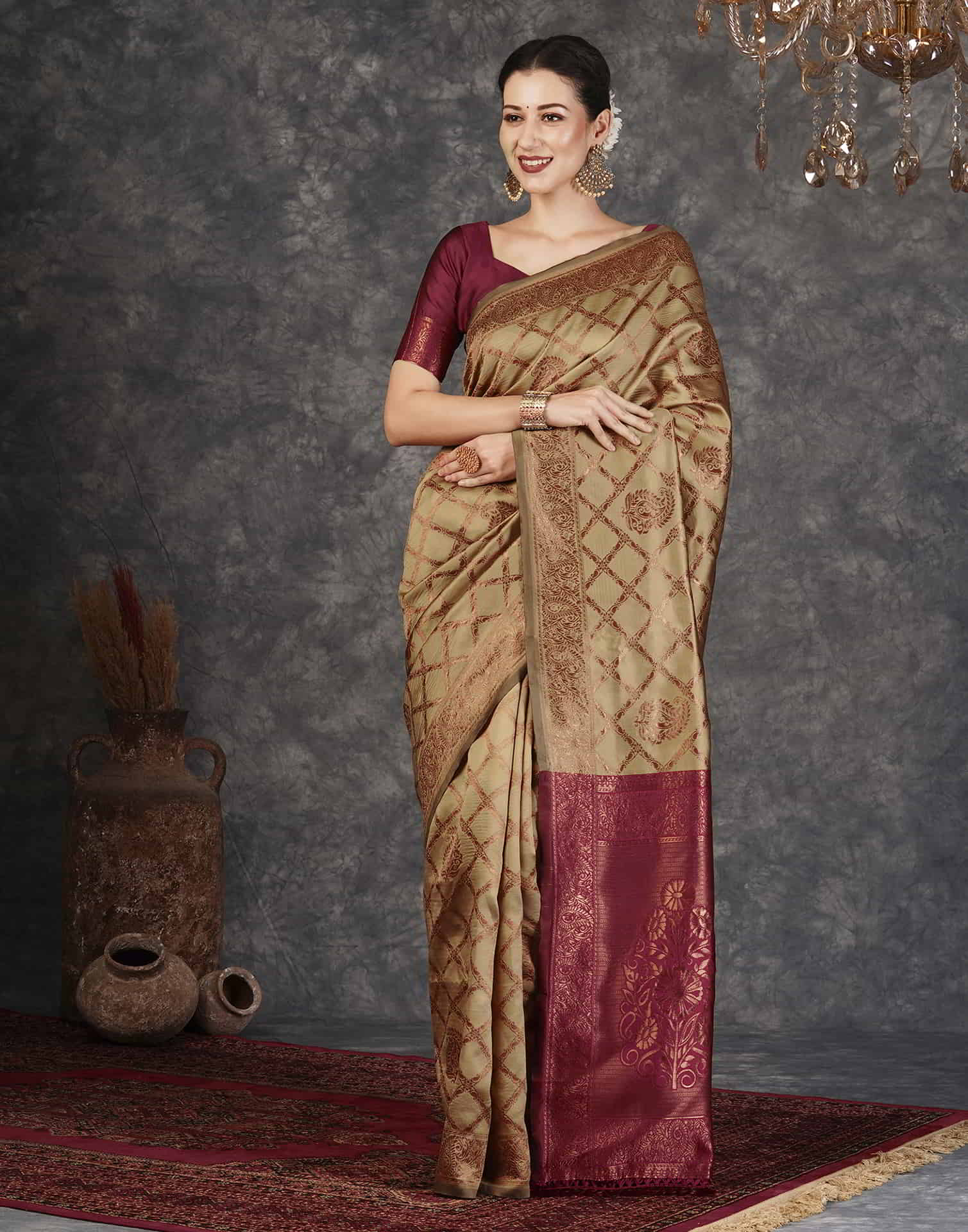 Khaki Silk Woven Banarasi Saree - Image 5