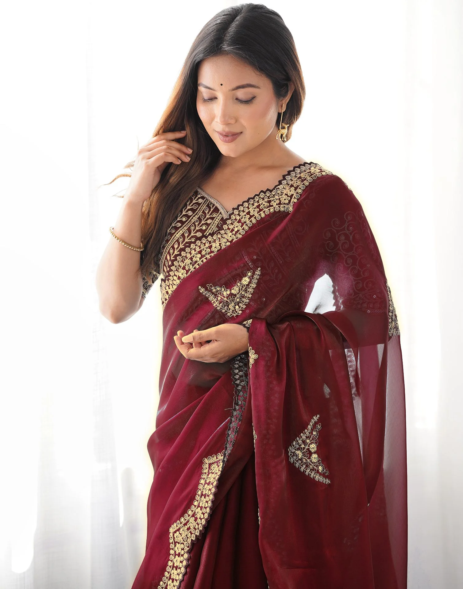 Brown Tissue Silk Sequence Embroidery Saree - Image 2