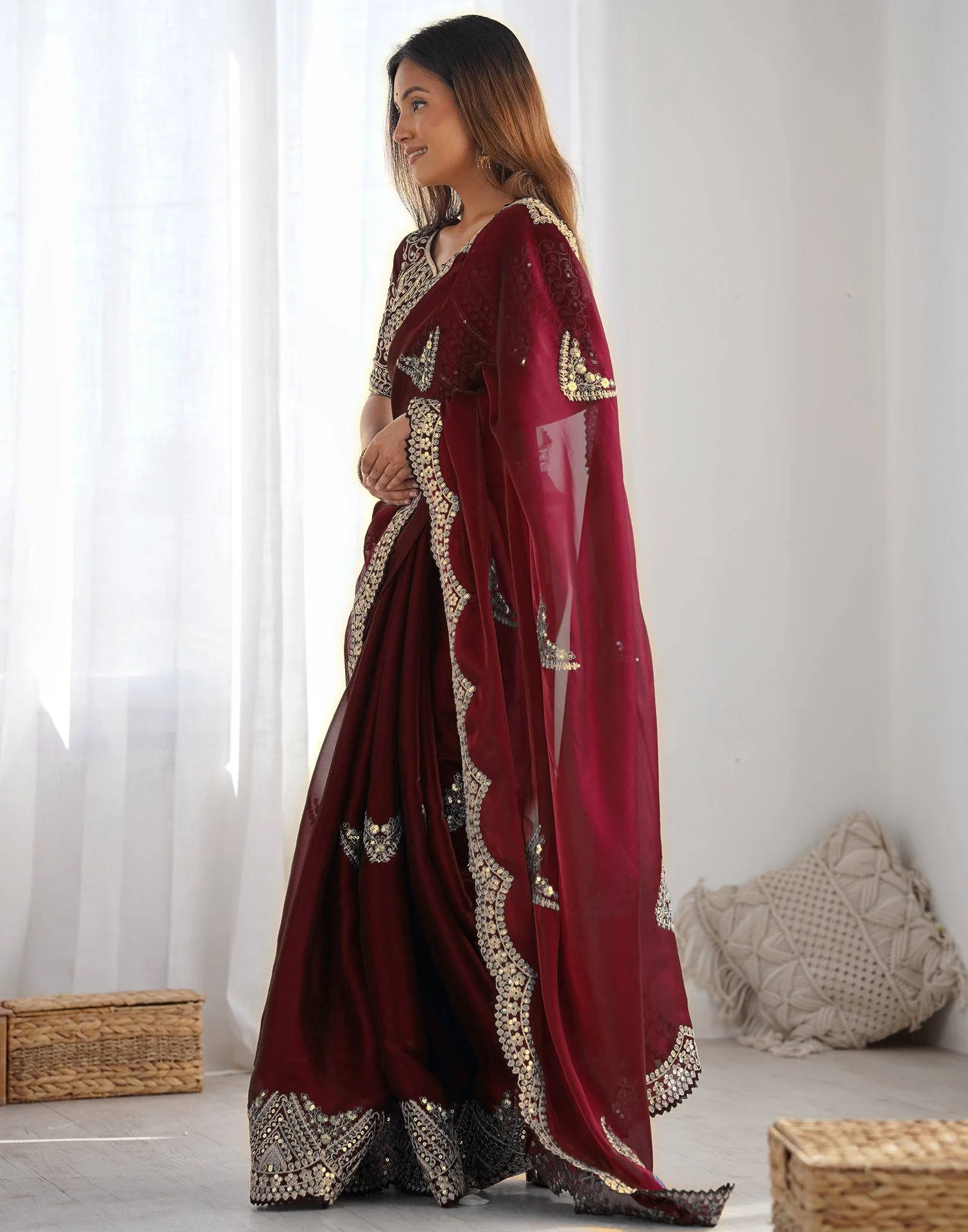 Brown Tissue Silk Sequence Embroidery Saree - Image 4