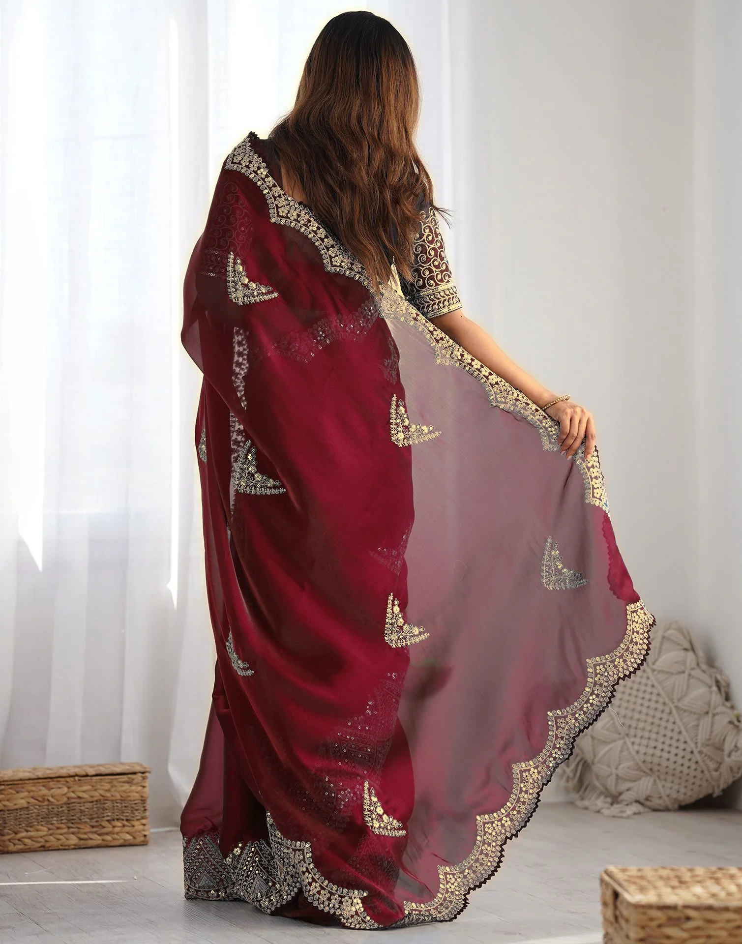 Brown Tissue Silk Sequence Embroidery Saree - Image 6