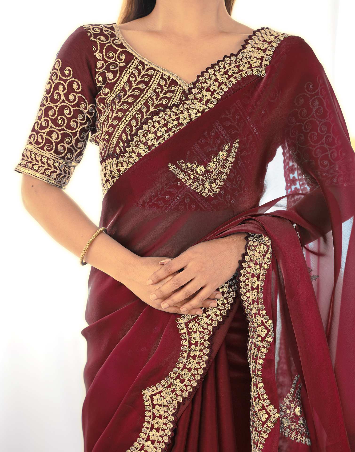 Brown Tissue Silk Sequence Embroidery Saree - Image 7