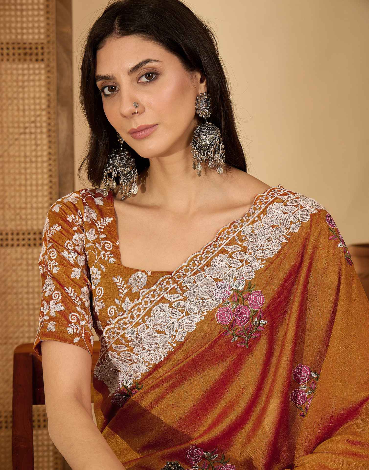 Brown Silk Embroidery Saree - Image 2