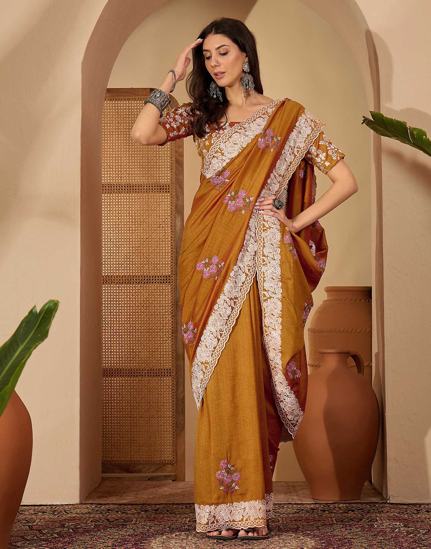 Brown Silk Embroidery Saree - Image 6
