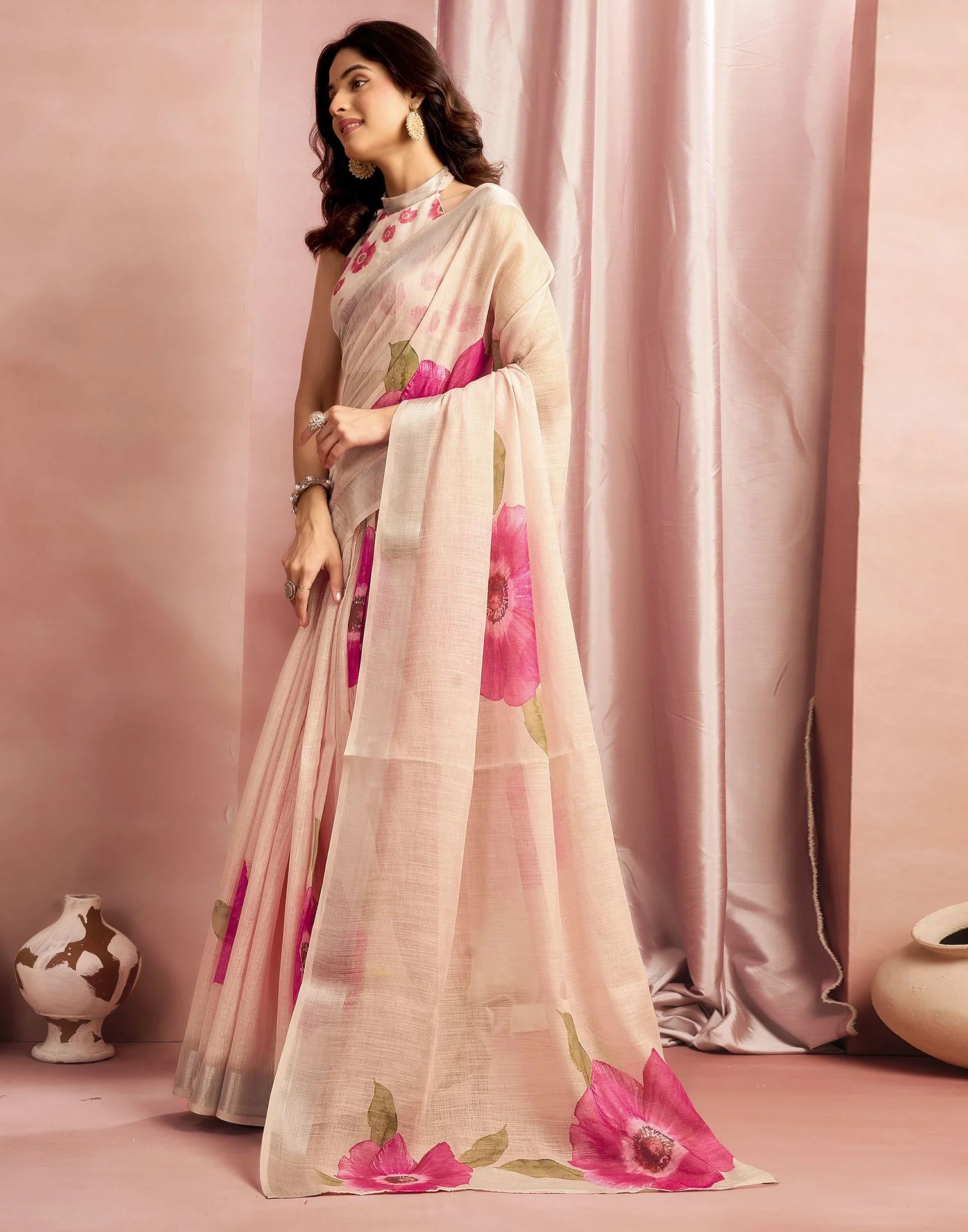 Ceam Cotton Linen Floral Printed Saree - Image 4