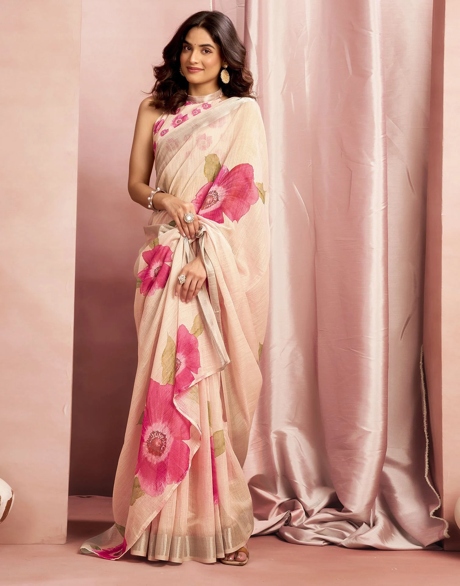 Ceam Cotton Linen Floral Printed Saree - Image 5